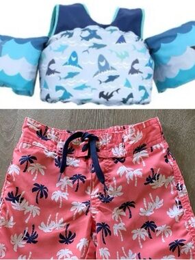 🧸 Janie & Jack + Paddle Pals | Palm Tree Swim Trunks + Sharks Swim Vest • 3T